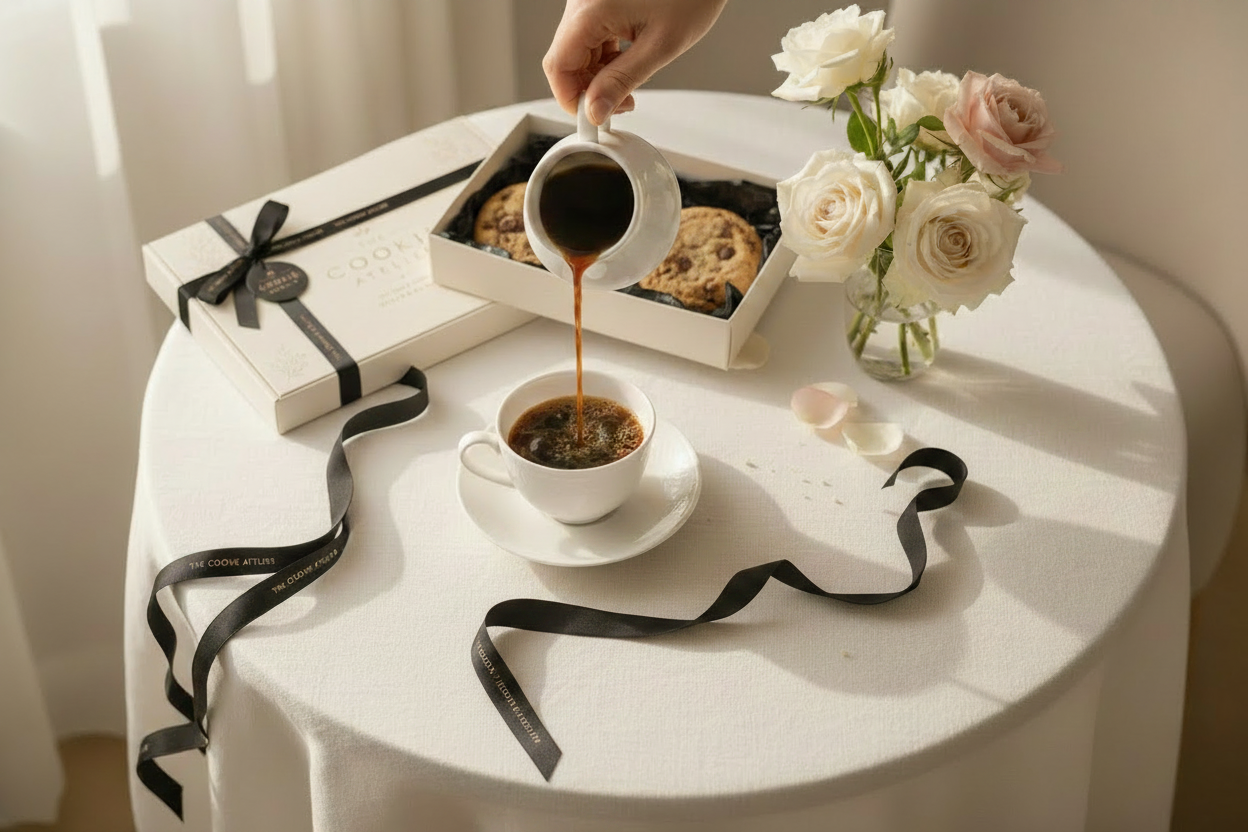Coffee pour with open Cookie Atelier box and two cookies