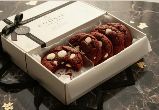 The Cookie Atelier Indulgence Collection – red velvet cookies with white chocolate chips in luxury gift box