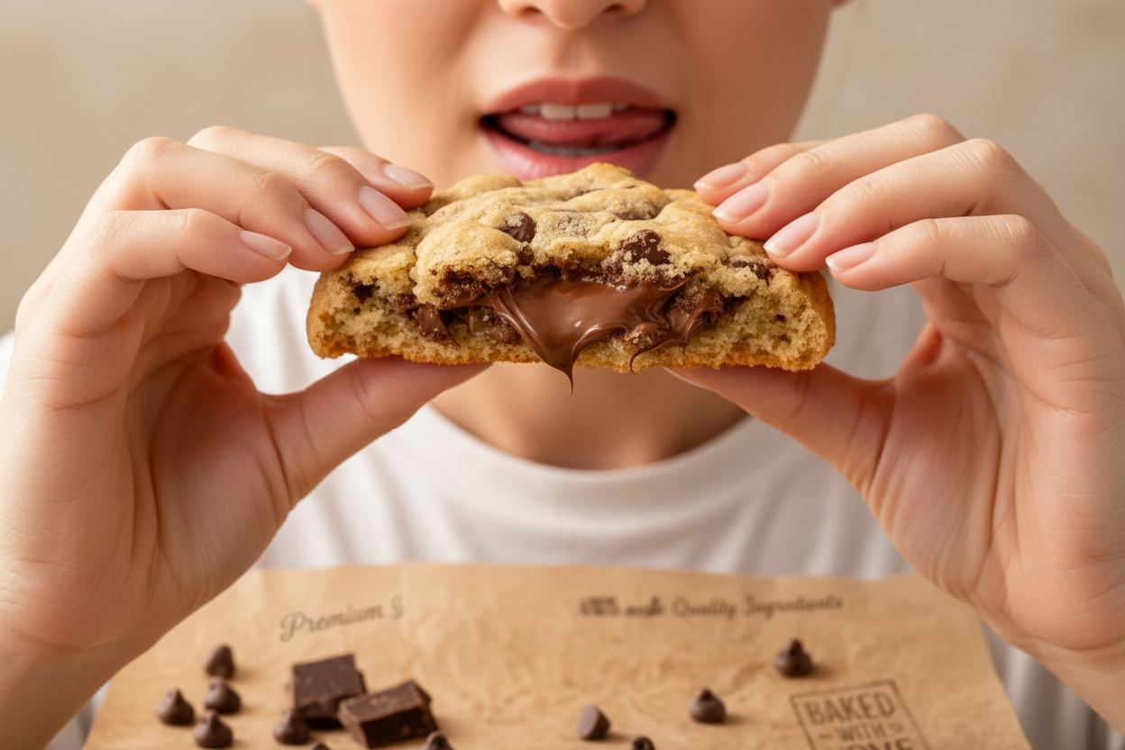 Woman holding a freshly baked chocolate chip cookie with gooey melted chocolate, from The Cookie Atelier Evening Cookie Collection