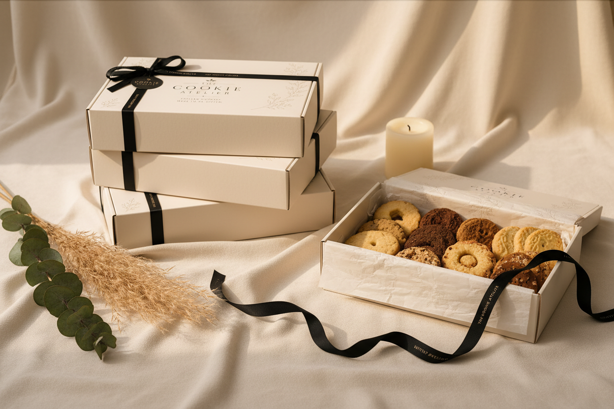The Cookie Atelier luxury artisan cookie gift boxes with black ribbon, beautifully presented for gifting